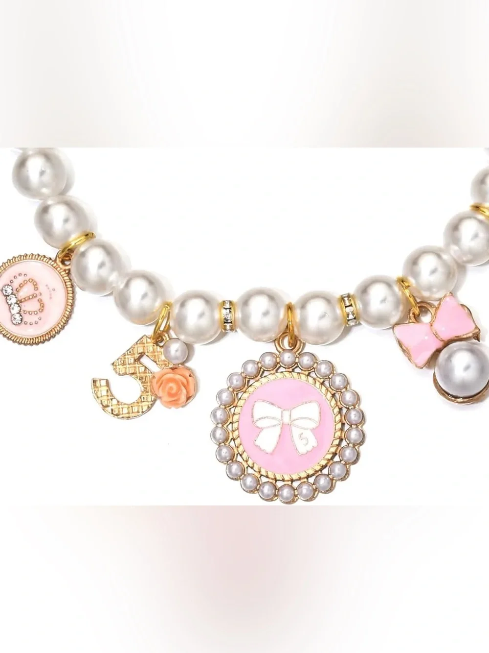 Cute Pearl Dog Cat Collar Necklace Pink and Gold Charms Pet Jewelry Adjustable